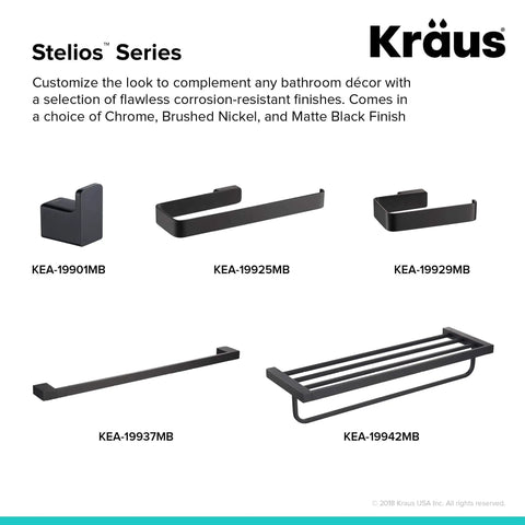 Stelios Series wall-mounted bathroom accessories in matte black finish, including shelf with towel bar KEA-19942MB.