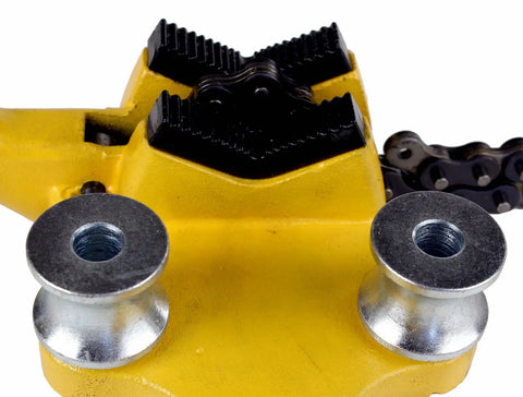 Closeup of BC 510 6 Inch Bench Chain Pipe Vise for mounting with two mounting holes, rugged cast-iron base, and chain detail.
