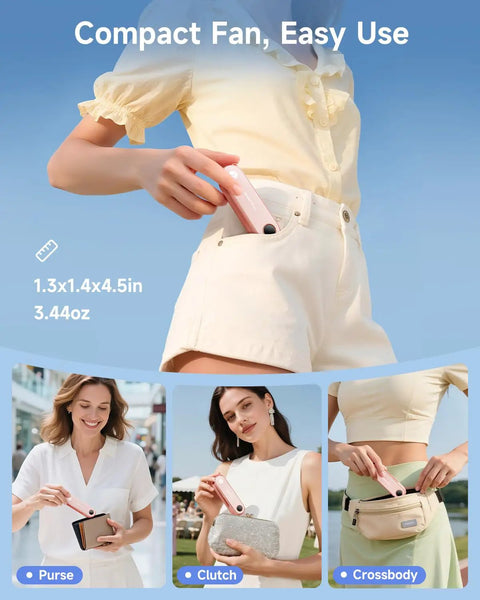 Woman placing Portable Handheld Mini Fan With LED Display, 3-in-1 USB Rechargeable Fan And Flashlight For Travel into her pocket