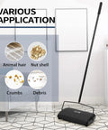 Manual Carpet Floor Sweeper With Dual Horsehair Brush Roll Quiet Non Electric Push Broom For Snagging Pet Hair And Lint No Sweat Home Cleaning Gear Black shown in a home environment.