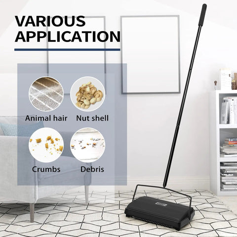 Manual Carpet Floor Sweeper With Dual Horsehair Brush Roll Quiet Non Electric Push Broom For Snagging Pet Hair And Lint No Sweat Home Cleaning Gear Black shown in a home environment.