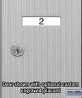 Top Shelf Vertical Mailbox With Six Lockable Doors Solid Aluminum Body USPC Approved gray door with number 2 and locking mechanism.