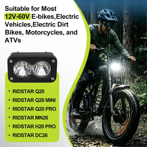 Ridstar Q20 Compatible 3 Pin Headlight Kit For E Bike 20W LED Super Bright With 6000K 6500K White Light Waterproof And Plug And Play 12V 60V Ride Ready Night Riding Light For Electric Bikes Motorcycles And ATVs