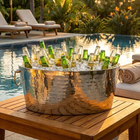 Armored XL Insulated Beverage Tub For Parties, Double Wall Stainless Steel Ice Bucket holding beer bottles by poolside
