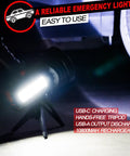 Rechargeable 100000 Lumen Spotlight With COB Flood Light on tripod illuminating ground for emergencies.