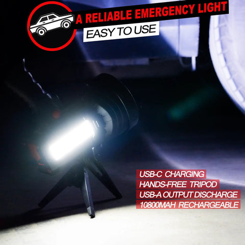 Rechargeable 100000 Lumen Spotlight With COB Flood Light on tripod illuminating ground for emergencies.