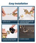 Steps showing installation of Low Pressure LPG Propane Fire Pit Flame Failure Safety Control Valve Kit Replacement Part With Three Eighths Inch Flare Inlet And Outlet Brass Construction For Grills Fire Pits Fireplaces And Heaters.
