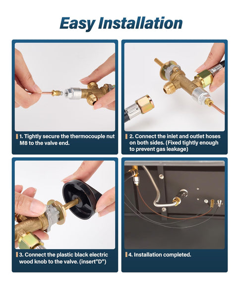 Steps showing installation of Low Pressure LPG Propane Fire Pit Flame Failure Safety Control Valve Kit Replacement Part With Three Eighths Inch Flare Inlet And Outlet Brass Construction For Grills Fire Pits Fireplaces And Heaters.