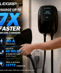 40 Amp Level Two Electric Vehicle Charger 9 Point 6 Kilowatt J1772 Standard Nema 14 50 Plug wall-mounted with charging cable being connected.