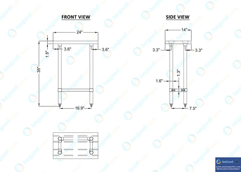 Real Deal Heavy Duty Stainless Steel Work Table With Spacious Open Base Clearance NSF Approved Utility Bench Garage And Laundry dimensions front and side view blueprint.