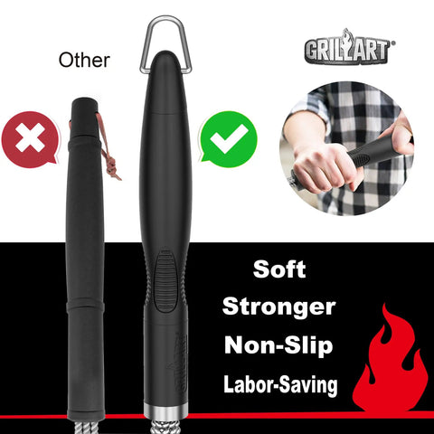 Soft non-slip ergonomic handle of heavy duty grill brush and scraper for gas and charcoal grills with triple scrubbers.