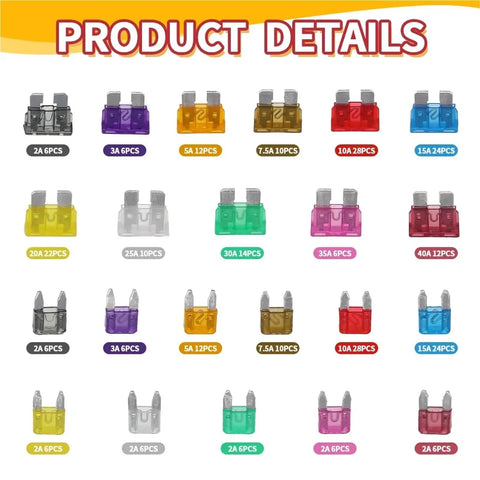 Must Have Auto Fuse Kit With Mini Blade Fuses 5A To 30A, 600 Pieces Assortment Product Details with Various Colored Fuses Display