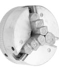 Top Shelf Zinc Alloy Three Jaw Micro Lathe Chuck Featuring Dual Locking Rods For Mini Metal Lathes, side view showing gripping mechanism.