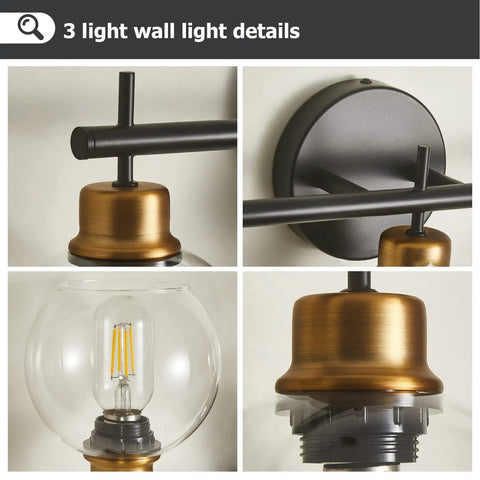 Close-up of Three Light Black And Gold Bathroom Vanity Light Fixture With Metal Base And Clear Glass Globe Shades details