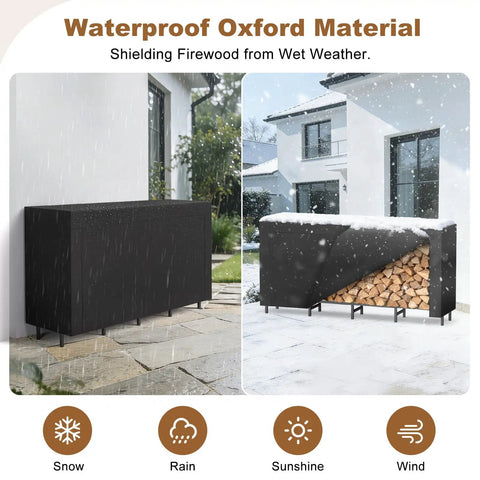 Outdoor Firewood Rack With Weatherproof Cover Heavy Duty Metal Wood Storage Stand For Fireplace Fire Pit Patio And Backyard Space Saving No Fuss Easy Assembly Black with snow and rain