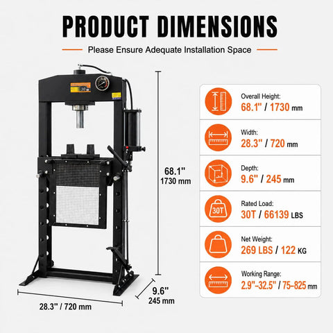 Heavy Duty Air Hydraulic Shop Press With Foot Pedal dimensions showing height 68.1", width 28.3", depth 9.6".