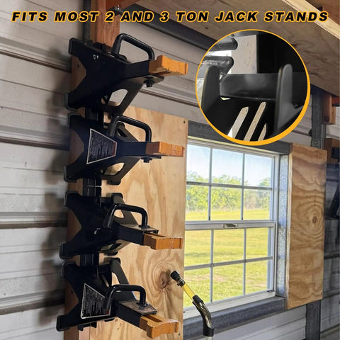 Two Pack Wall Mount Jack Stand Organizer For 2 And 3 Ton Jacks, heavy-duty metal brackets installed in garage holding jacks.