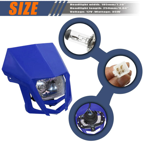Dirt Bike Beefy Halogen Headlight Front Headlamp Kit For Enduro And Supermoto Rides 12V 35W Blue with housing details