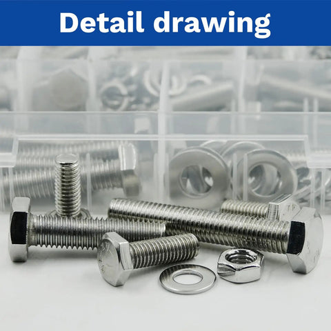 Garage Grade Hex Bolt And Nut Assortment Kit 292 Piece Metric Hardware Set With Flat And Spring Washers showing stainless steel bolts and nuts.