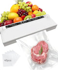 One Touch Fully Automatic Vacuum Sealer For Food Dual Use Dry And Wet With Super Strong Suction And Easy One Button Use Includes 40 Bags, sealing meat and fruit