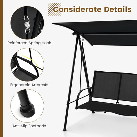 Two Person Outdoor Swing With Adjustable Canopy Cozy Patio Loveseat Swing With Heavy Duty Metal Frame details shown