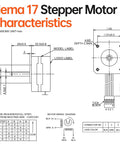 NEMA 17 stepper motor technical drawing with front and side views, dimensions and wiring diagram.