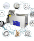 Heated Stainless Steel Ultrasonic Cleaner With Digital Timer And Adjustable Temperature showing cleaning of jewelry and tools.
