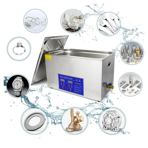 Heated Stainless Steel Ultrasonic Cleaner With Digital Timer And Adjustable Temperature showing cleaning of jewelry and tools.