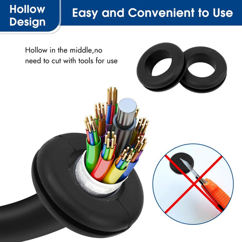 Hollow middle of the 200 Pcs Rubber Grommet Kit Eight Sizes Hollow Firewall Grommets for cable management without tools