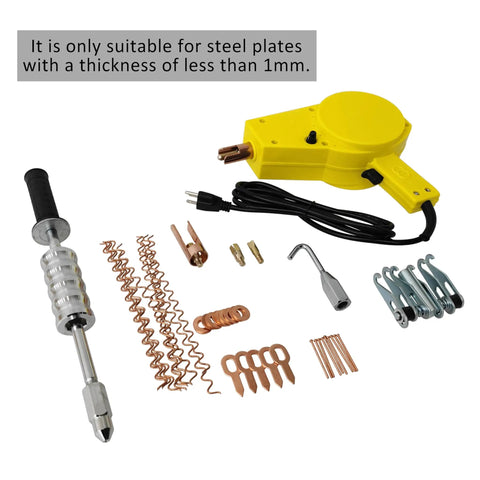 Portable Auto Body Dent Repair Kit With 110V Stud Welder For Thin Metal Panels Under 1mm Quick 0 To 2 Seconds Weld Time Spot Dent Puller Tool For Cars And Trucks displayed with components