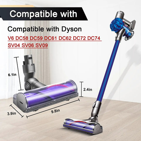 Dyson Direct Drive Motorhead Cleaner Head Replacement for V6 DC58 DC59 DC62 DC72 DC74 Vacuums with dimensions and compatibility list.