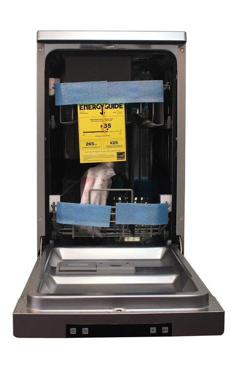 Sick 18 Inch Portable Dishwasher With Energy Star Certified Savings And Genuine Stainless Steel Interior featuring an opened door and visible energy guide label.