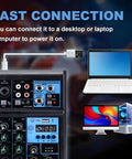 4 Channel Mixer With Bluetooth USB Recording And 48V Phantom Power For Studio And Live Sound Perfect For DJs Karaoke And Streaming With 3 Band EQ And Independent Gain Control showing fast connection to desktop and laptop.