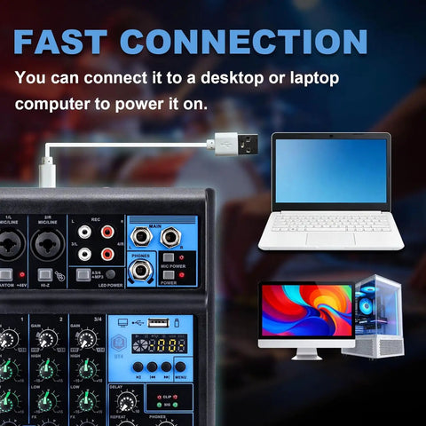 4 Channel Mixer With Bluetooth USB Recording And 48V Phantom Power For Studio And Live Sound Perfect For DJs Karaoke And Streaming With 3 Band EQ And Independent Gain Control showing fast connection to desktop and laptop.