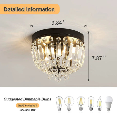 Two Light Sleek Crystal Mini Ceiling Light Fixture Modern Semi Flush Mount Closet Chandelier Ceiling Lamp For Hallway Bedroom Kitchen Bathroom With E26 Bulb Base Black 9.84 Inch Diameter And 7.87 Inch Height, with suggested bulb types shown.