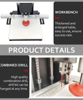 WYDDARY portable electric hinge drilling machine, front view on workbench with adjustable guide rail and red clamping knob.