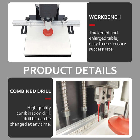 WYDDARY portable electric hinge drilling machine, front view on workbench with adjustable guide rail and red clamping knob.