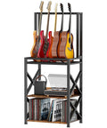 Show Off Your Sweet Guitar Collection With This Super Cool 3 Tier Music Stand displaying five guitars on top with vinyl record shelf below.