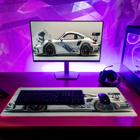Ukiyoe Style Sports Car Themed Large Gaming Mouse Pad Desk Mat 31.5 By 11.8 Inches With Non Slip Rubber Base