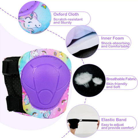 Super Comfy Kids Protective Gear Set Knee Pads Elbow Pads And Wrist Guards For Roller Skates Bikes Scooters And Boards Adjustable Fit Rainbow Unicorn Design For Ages 3 To 8 Girls; close-up of knee pad with purple cover, unicorn design, breathable and scratch-resistant features.