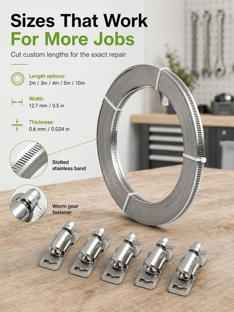 Heavy Duty Hose Clamp Roll Kit With Adjustable Metal Bands And Worm Gears For Custom Sizing, Secure Grip On Silicone Hoses And PVC Pipes, Ultimate Band Fittings Strap Solution For Auto Repair And Plumbing Jobs, 12.7 mm stainless roll and fasteners
