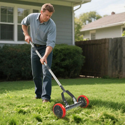 Man using Labor Saving No Fuss Lawn Dethatcher With Wheels Roller Rake For Lawn Care Durable Stainless Steel Blades And Tines on grass