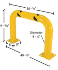High Profile Machinery And Rack Guard 36 Inch By 24 Inch By 4 Inch Steel With Powder Coat Yellow Beefed Up Protection For Personnel And Equipment Pre Drilled Mounting Holes For Easy Lag Down Industrial Safety Guard with measurements and base plates visible.