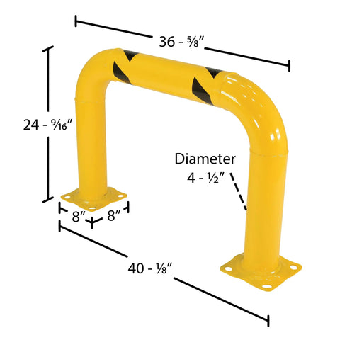 High Profile Machinery And Rack Guard 36 Inch By 24 Inch By 4 Inch Steel With Powder Coat Yellow Beefed Up Protection For Personnel And Equipment Pre Drilled Mounting Holes For Easy Lag Down Industrial Safety Guard with measurements and base plates visible.