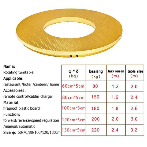 Motorized Swivel Turntable With Remote Control, 360 Degree Rotating Display Stand, gold round disc with specifications chart