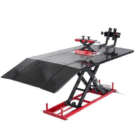 VEVOR Motorcycle Lift Table, 1500 Lb Electric Hydraulic Scissor Jack with chock, extra wide repair stand for ATV.