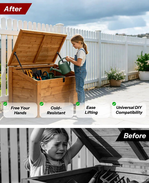 Child using storage box with Heavy Duty 20 Inch Gas Struts Shocks Pair for floor hatch toolbox, showing easy lift and access benefits.