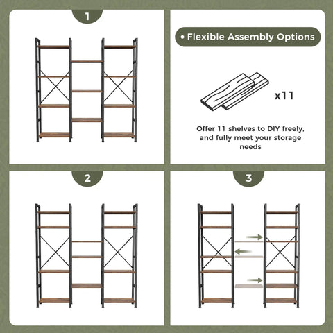Flexible assembly options for Super Solid Four Tier Bookshelf With Eleven Open Shelves And Hella Spacious Rustic Brown Frame.