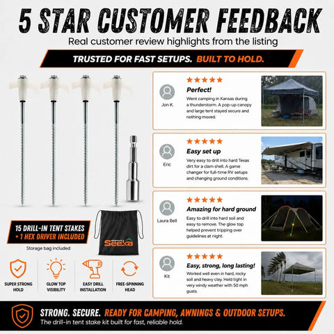 5-star customer feedback for 15 Pack 8 Inch Heavy Duty Screw In Tent Stakes Drill In Ground Anchor Pegs, hex driver and storage bag shown.
