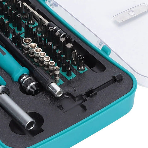 Go To Ratchet Tool Set With Chrome Wrenches Sockets And Screwdriver Bits Insulated Handle Polished Finish Includes Storage Box For Electrician Repair And Appliance Maintenance, showcasing bits and sockets in case